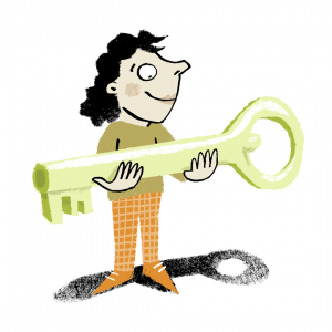 Illustration of a person happily holding an oversized key.