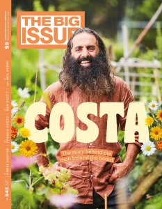 Costa on the cover of our magazine, smiling in front of a plentiful garden.