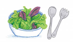 Illustration of a salad and cutlery.