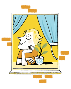 An illustration of someone looking out the window, with a sprouting pot plant next to them.