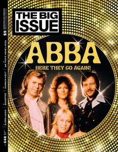 70s ABBA on the cover of The Big Issue, surounded by gold disco ball lights.