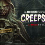 Creepshow cover art, featuring a hand drawn zombie holding a reel of film. Text: Creepshow.