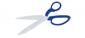 An illustration of a pair of blue dewing scissors.