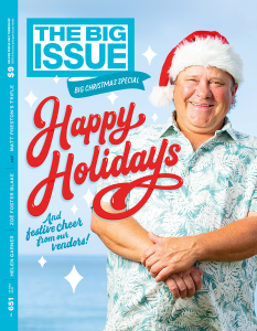 Our new edition cover, featuring vendor David from Perth. He's smiling and wearing a Santa hat. Text: big Christmas Special! Happy Holidays and festive cheer from our vendors.
