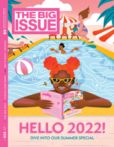 Our latest cover, featuring a summery illustration of a woman reading The Big Issue in the pool. People in the background swim and jump in the water.