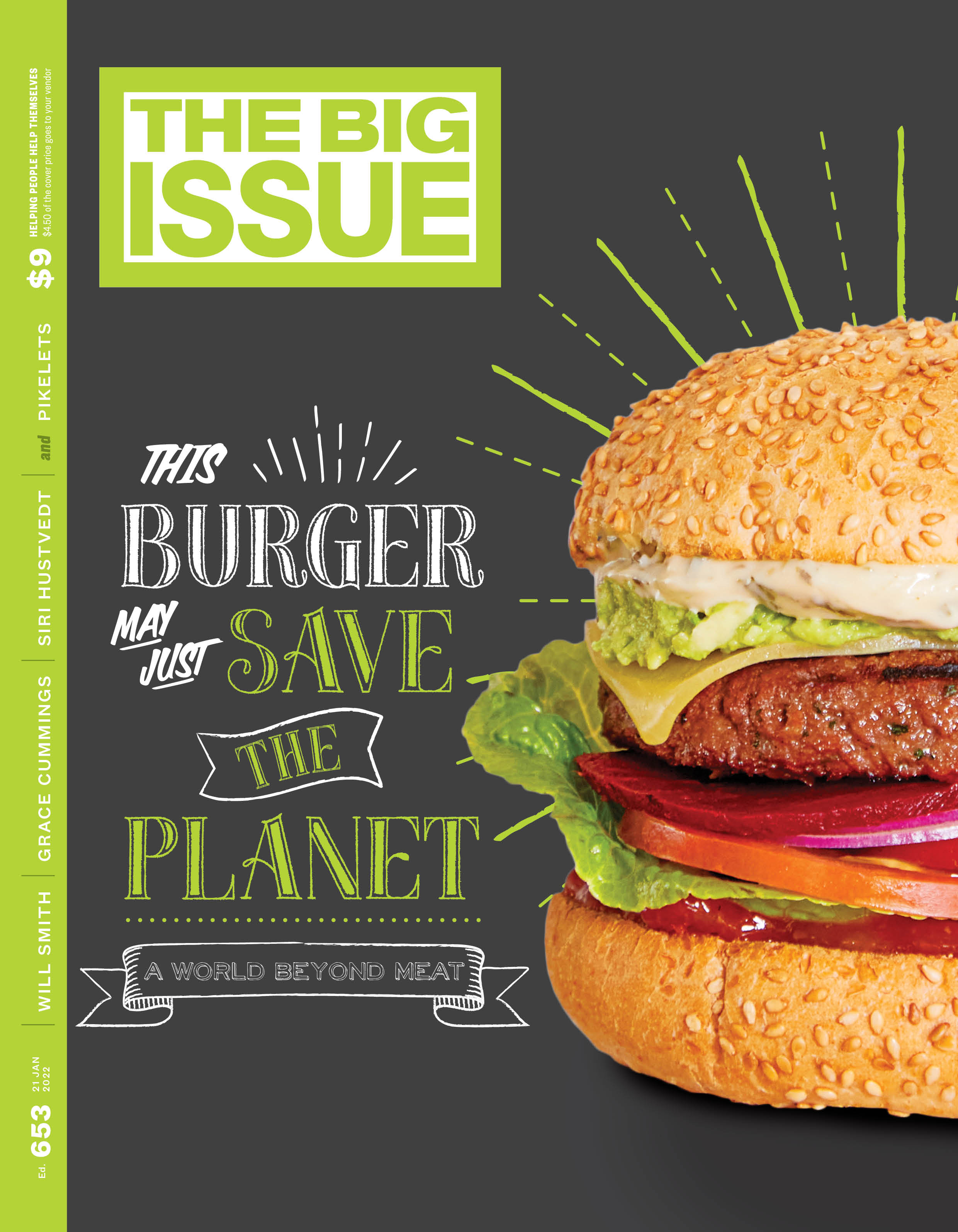 Our latest cover, featuring a delicious looking burger. Text: This burger may just save the planet. A world beyond meat.