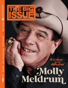 Cover of The Big Issue #662. Molly Meldrum resting his chin on his and and wearing a hat